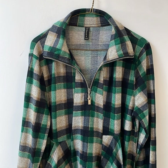 Lavena womens tartan dress top M green black checker big pockets collar zipper - Picture 2 of 11